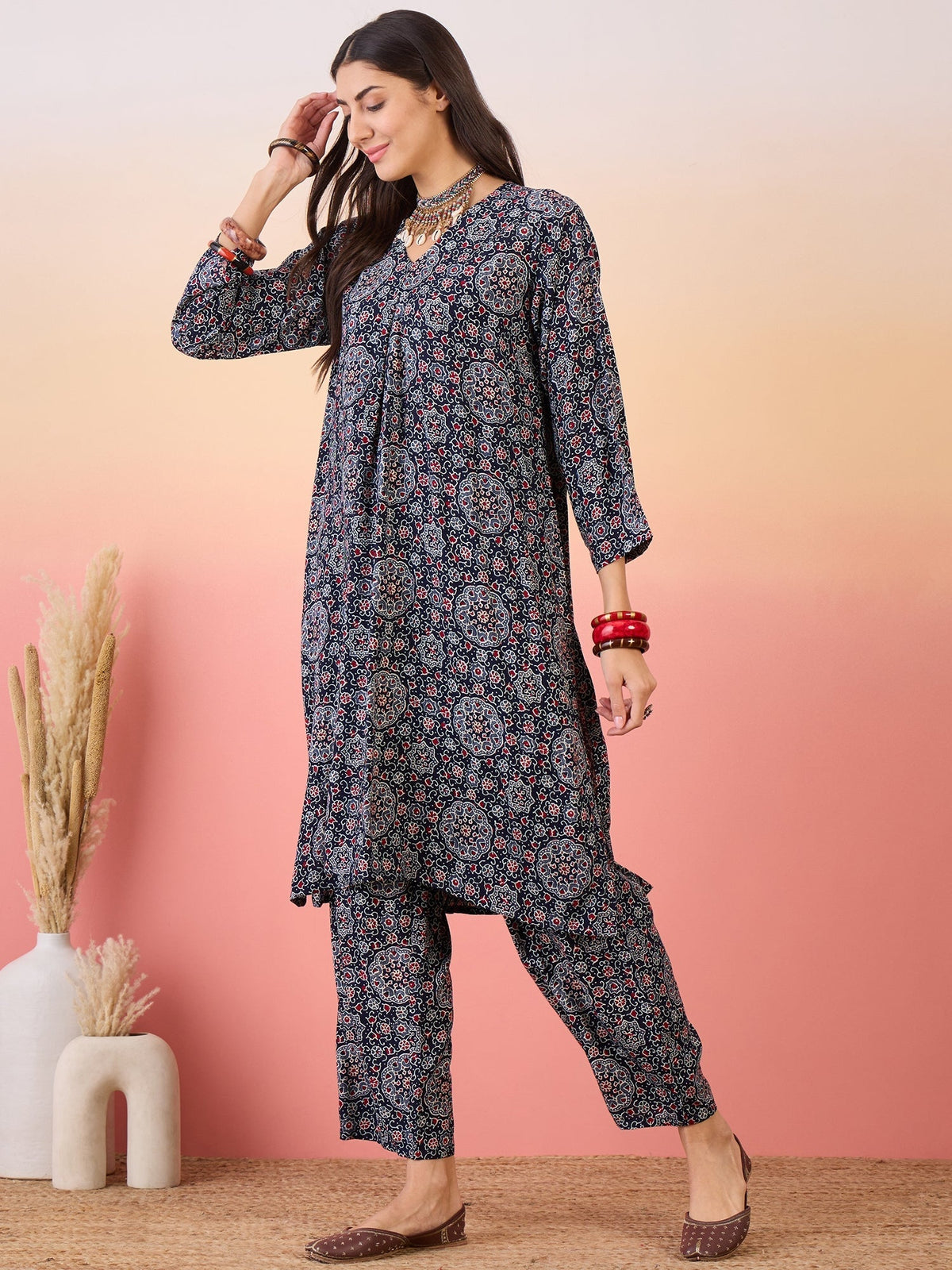 InWeave Navy Maroon Ajrakh Foil V Neck Kurta Pant Set | Grocsy