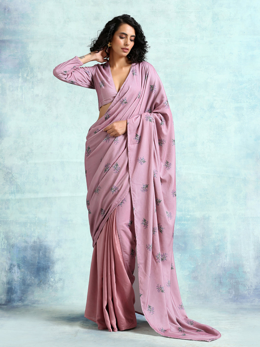 trueBrowns Light Mauve Printed Velvet Ready to Wear Saree | Grocsy