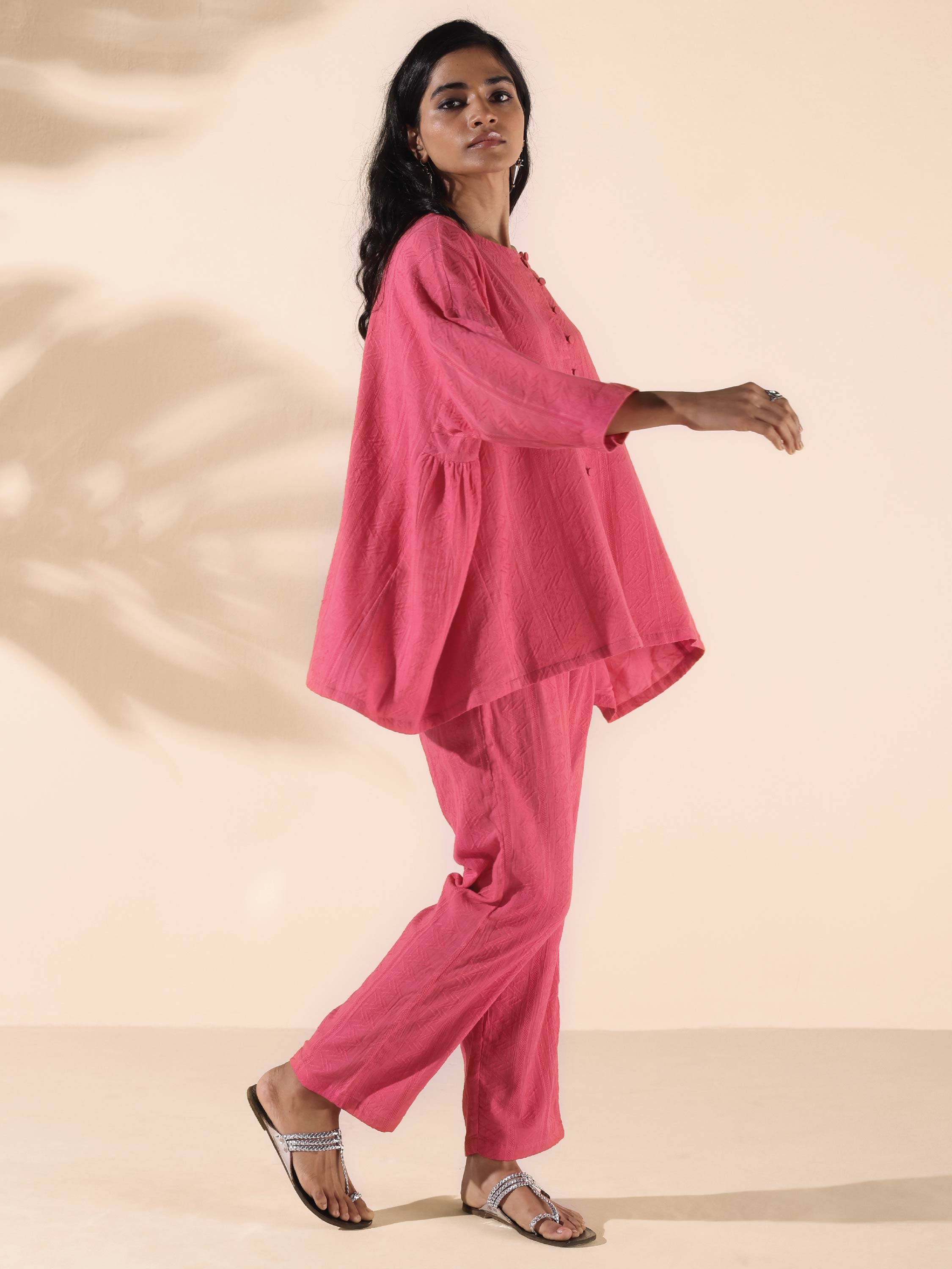 trueBrowns Pink Cotton Dobby Oversized Co-ord Set | Grocsy