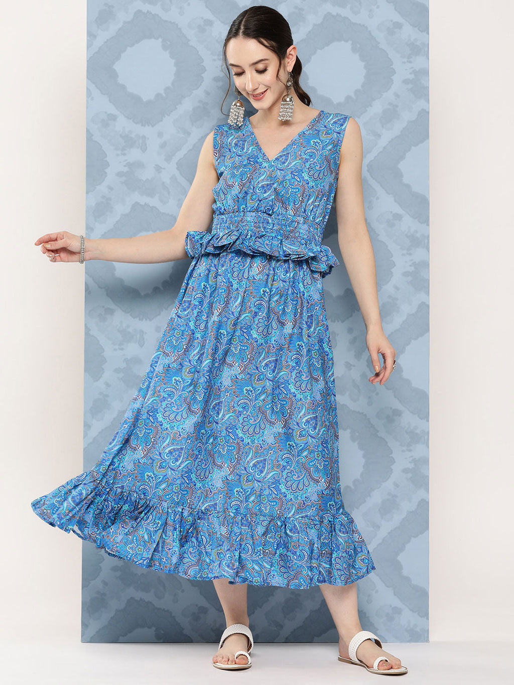 InWeave Women's Sapphire Blue Floral Paisley Print Long Frill Dress | Grocsy