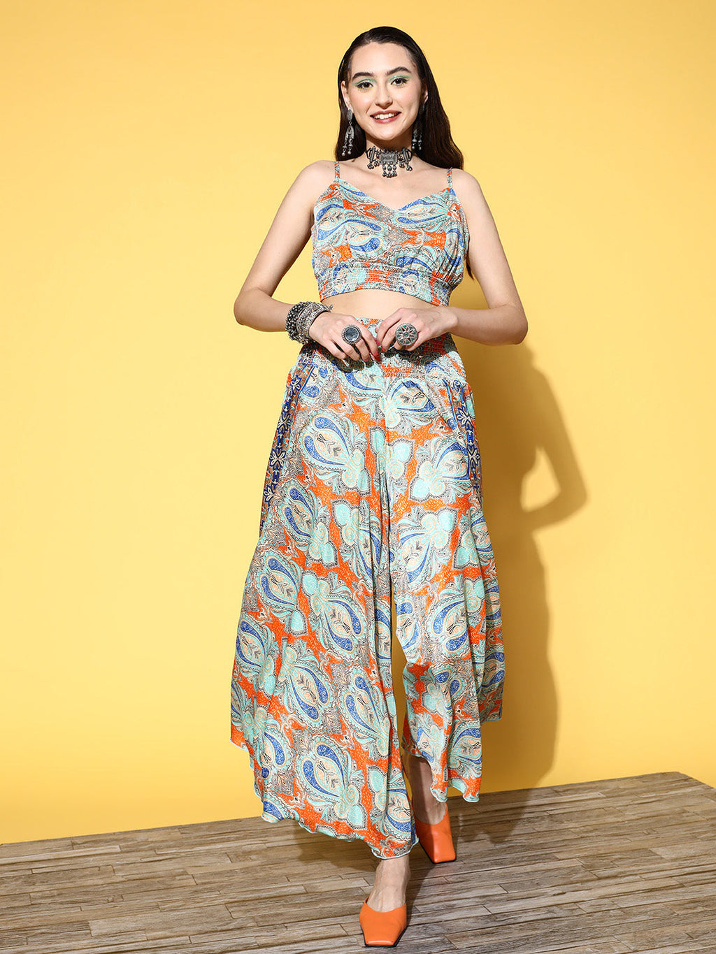 InWeave Women's Blue Orange Paisley Print Coord Set | Grocsy