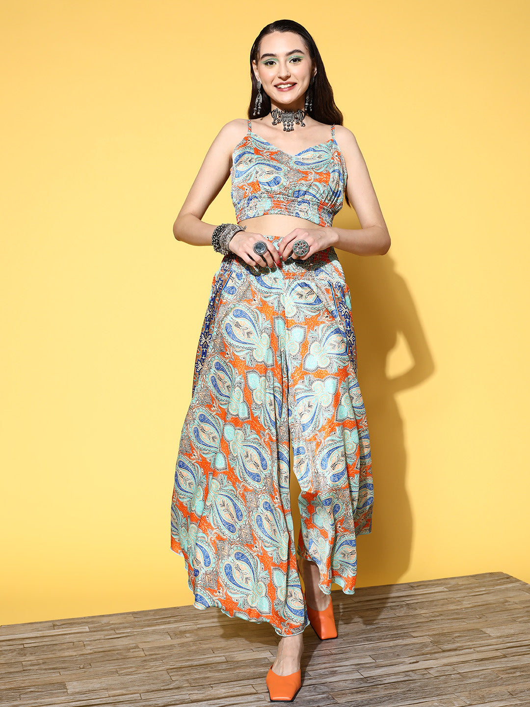 InWeave Women's Blue Orange Paisley Print Coord Set | Grocsy