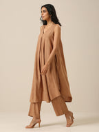 trueBrowns Beige Slub Texture Sleeveless Flared Kurta Pant Set | Grocsy