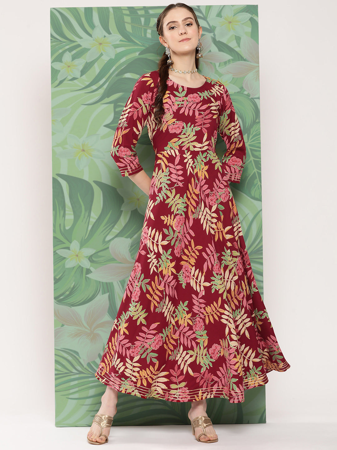 InWeave Women's Red Tropical Print Gota Long Dress | Grocsy