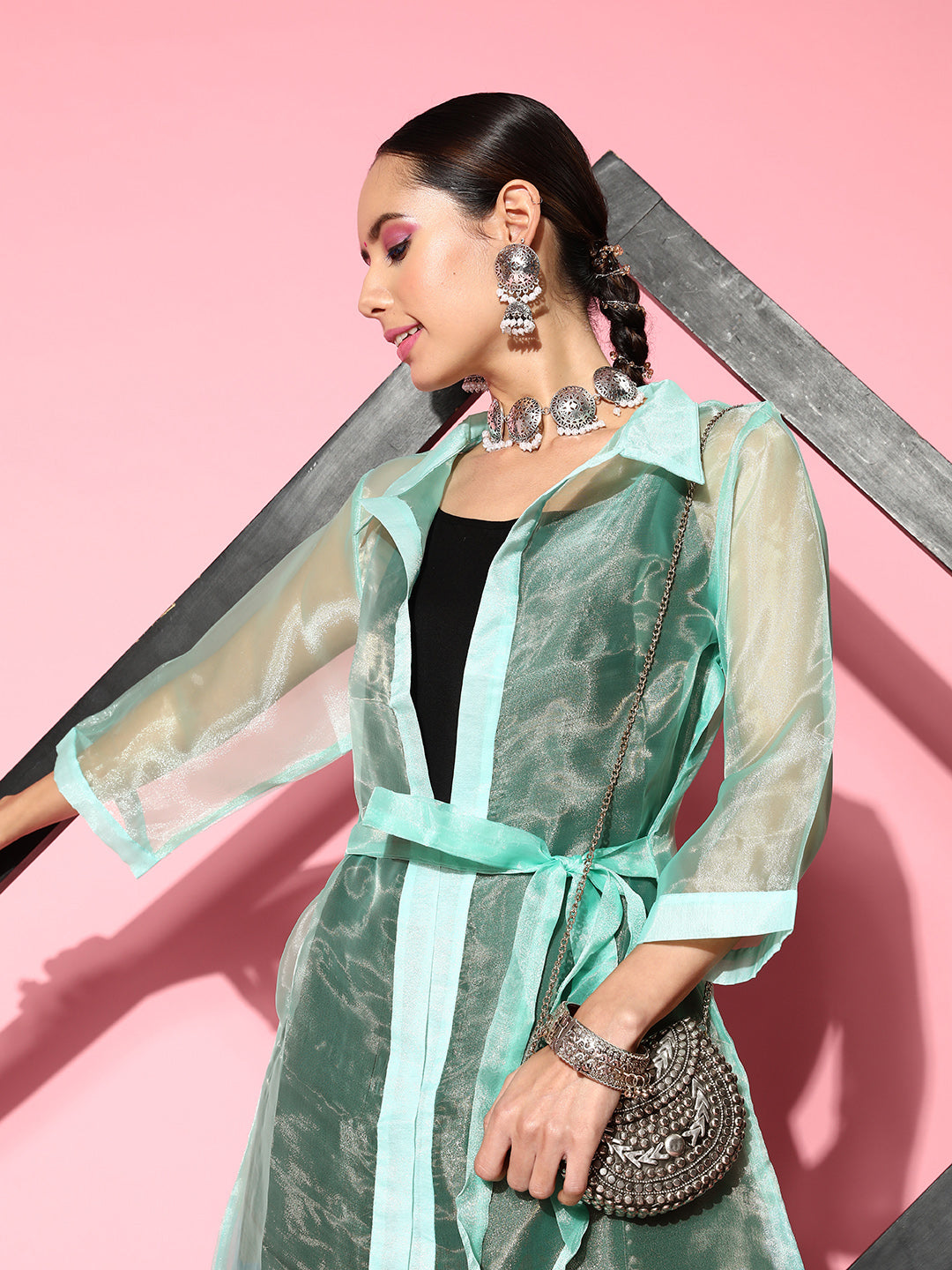 InWeave Women's Black Strappy Kurta Set With Teal Organza Cape | Grocsy