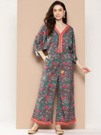 Ahalyaa Printed Basic Jumpsuit with Lace Inserts | Grocsy