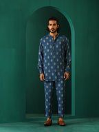 trueBrowns Men's Blue Floral Muslin Silk Printed Co-ord Set | Grocsy