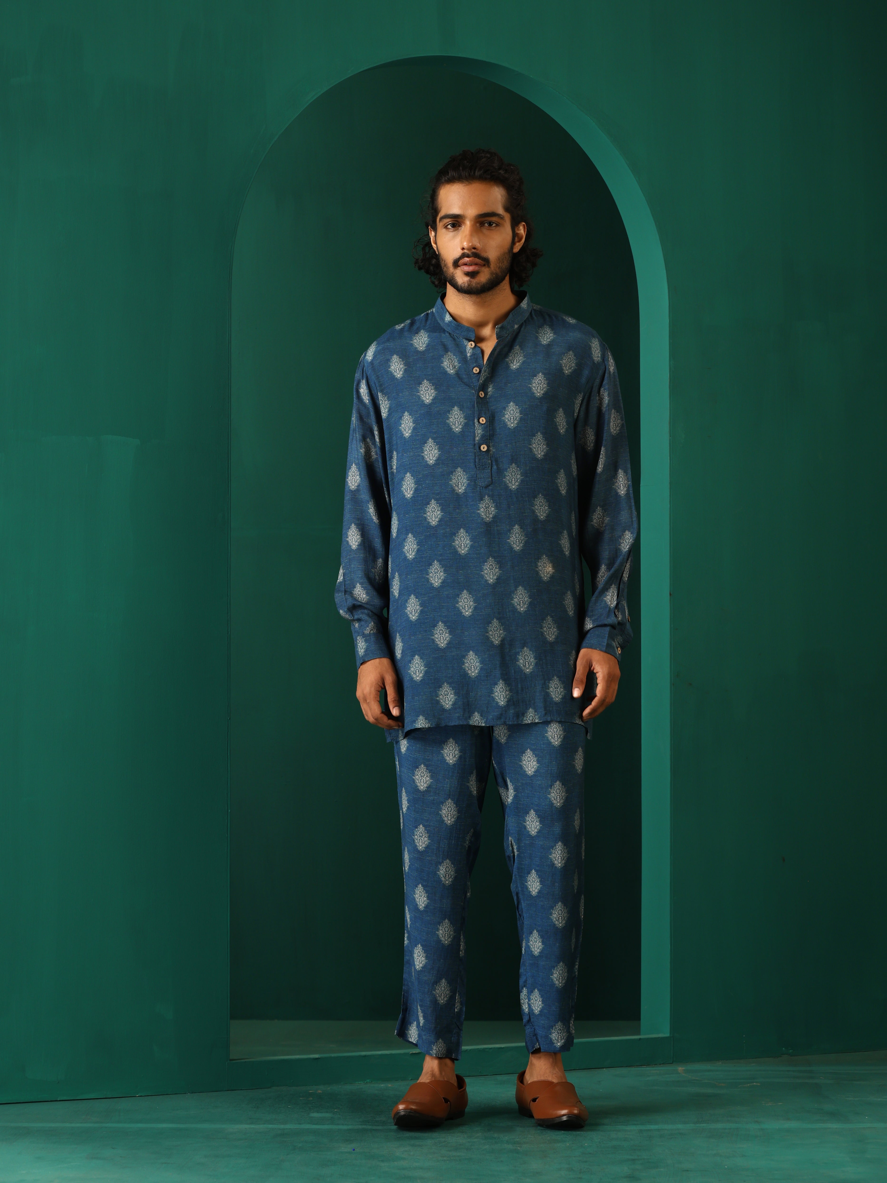 trueBrowns Men's Blue Floral Muslin Silk Printed Co-ord Set | Grocsy