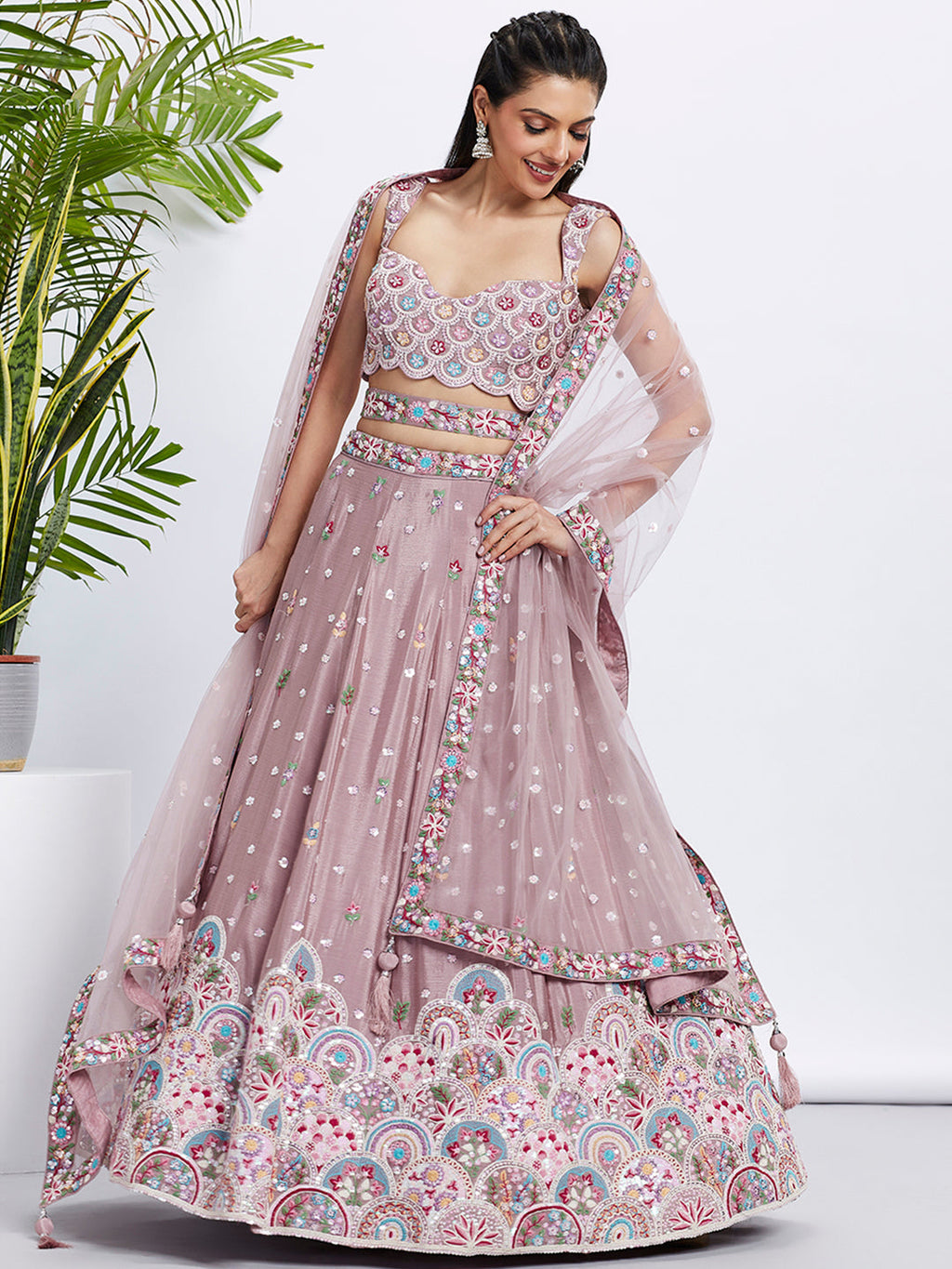 House of Panchhi Lavender Georgette Sequins And Thread Embroidery Lehenga Choli & Dupatta | Grocsy