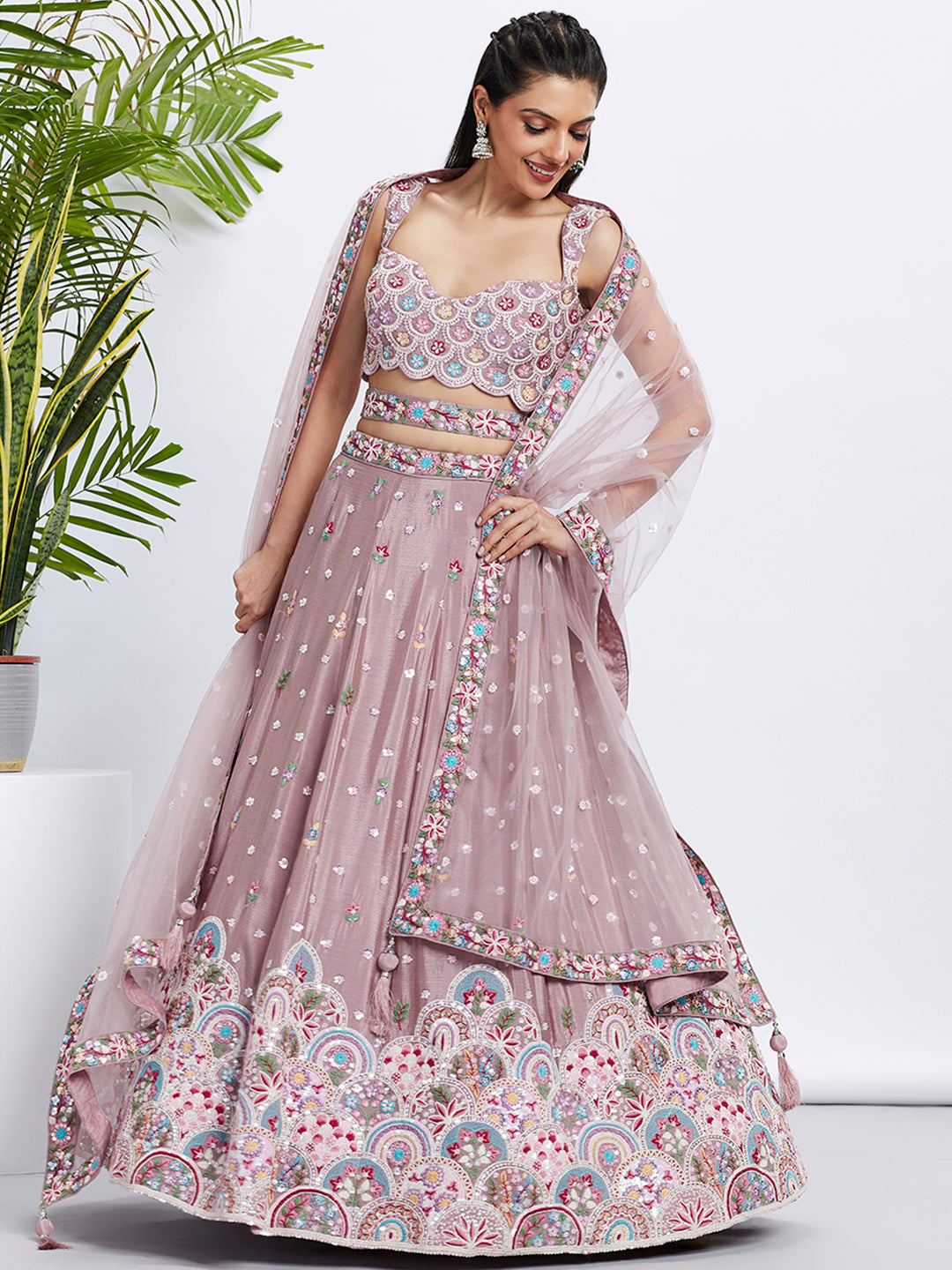House of Panchhi Lavender Georgette Sequins And Thread Embroidery Lehenga Choli & Dupatta | Grocsy