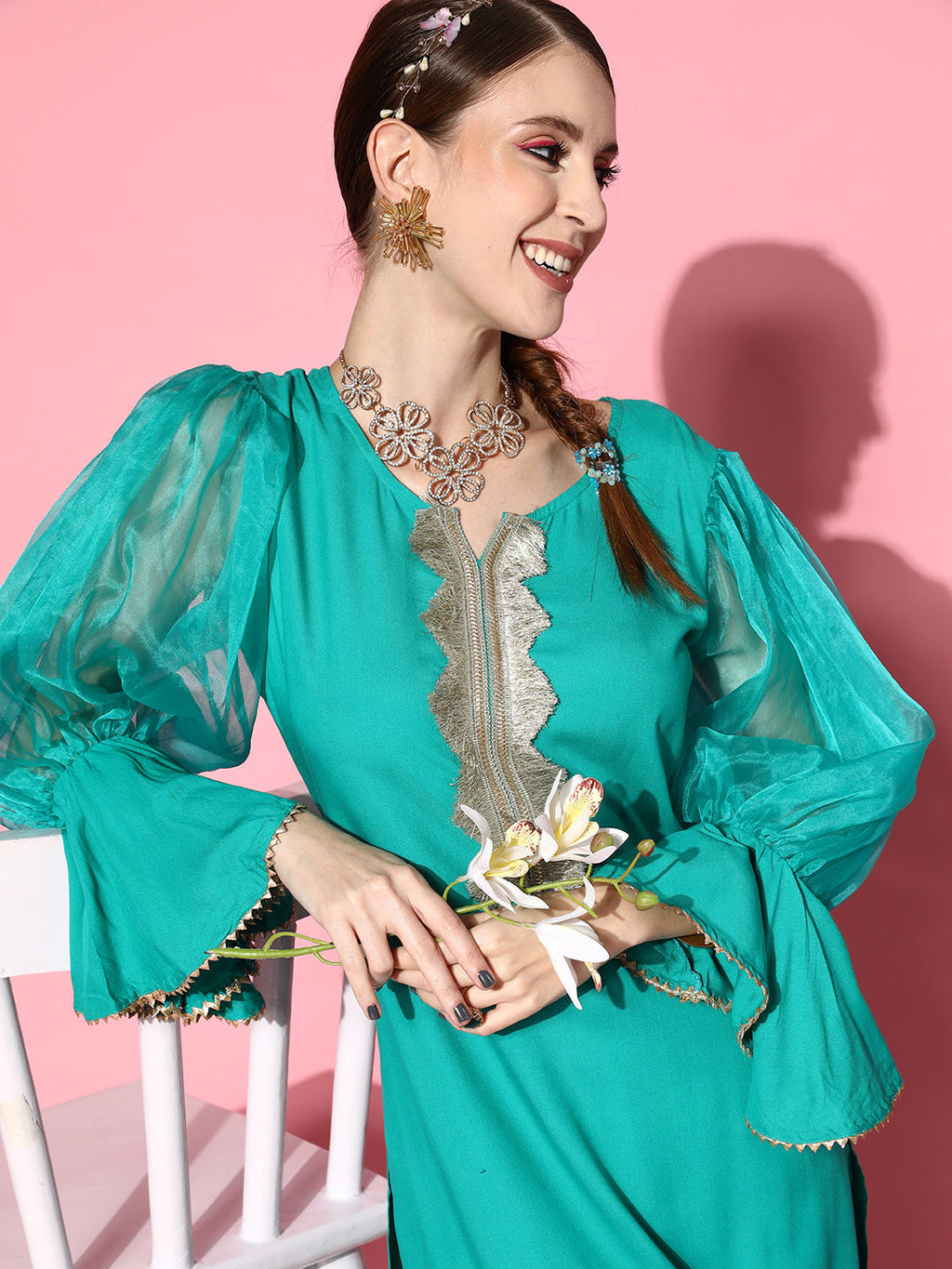 InWeave Women's Aqua Organza Sleeve Gota Work Kurta Set | Grocsy
