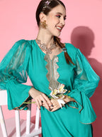 InWeave Women's Aqua Organza Sleeve Gota Work Kurta Set | Grocsy