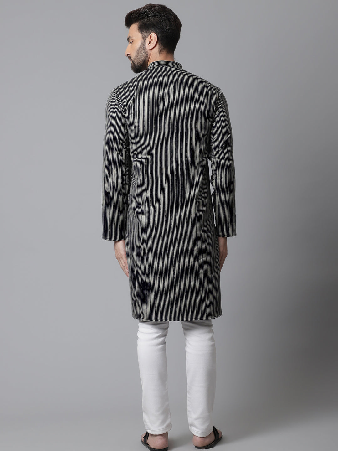 Even Apparels Black Pure Cotton Kurta With Band Collar | Grocsy