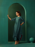 trueBrowns Teal Silk Handkerchief Kurta Pant Set | Grocsy