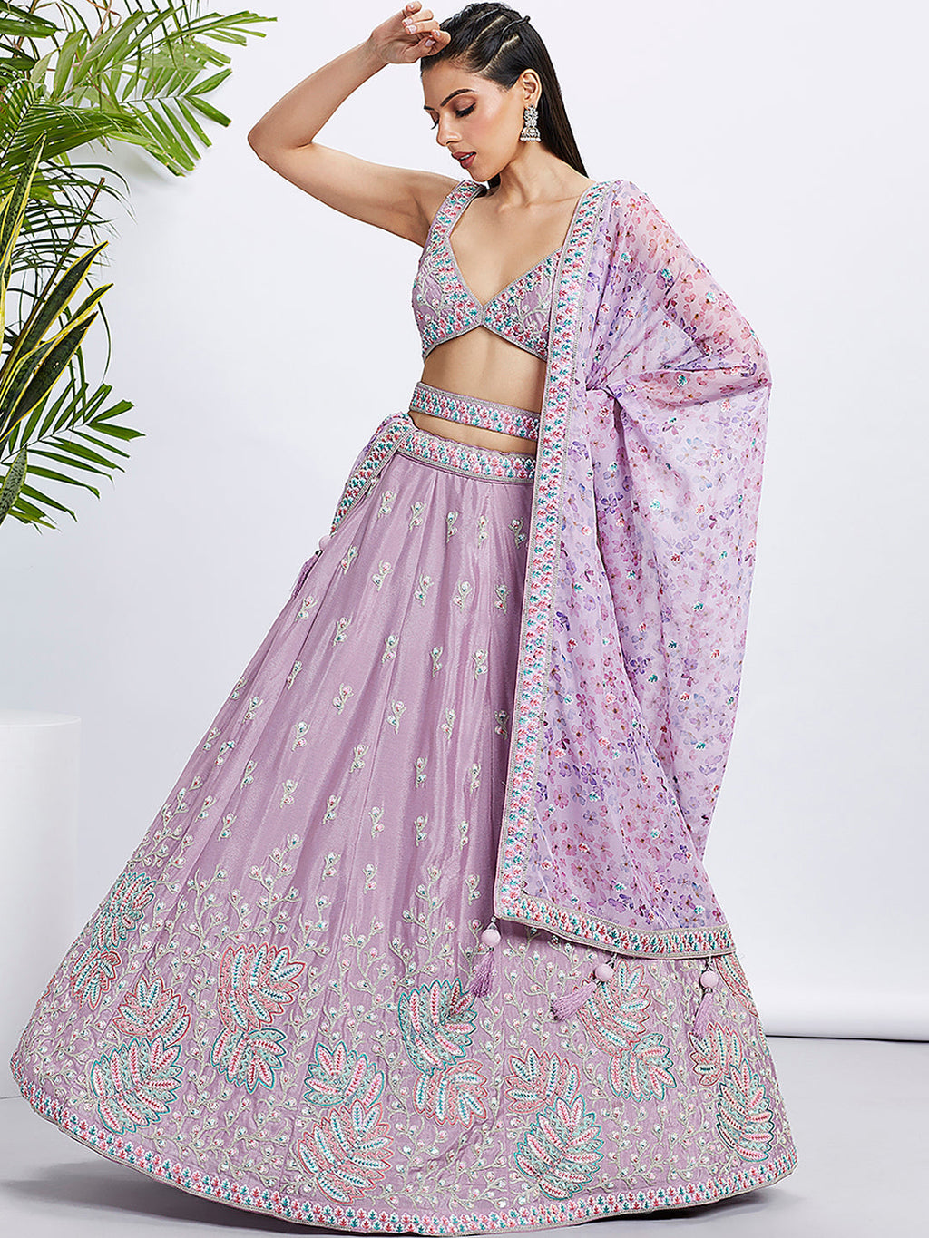 House of Panchhi Lavender Georgette Sequins And Thread Embroidery Lehenga Choli & Dupatta | Grocsy