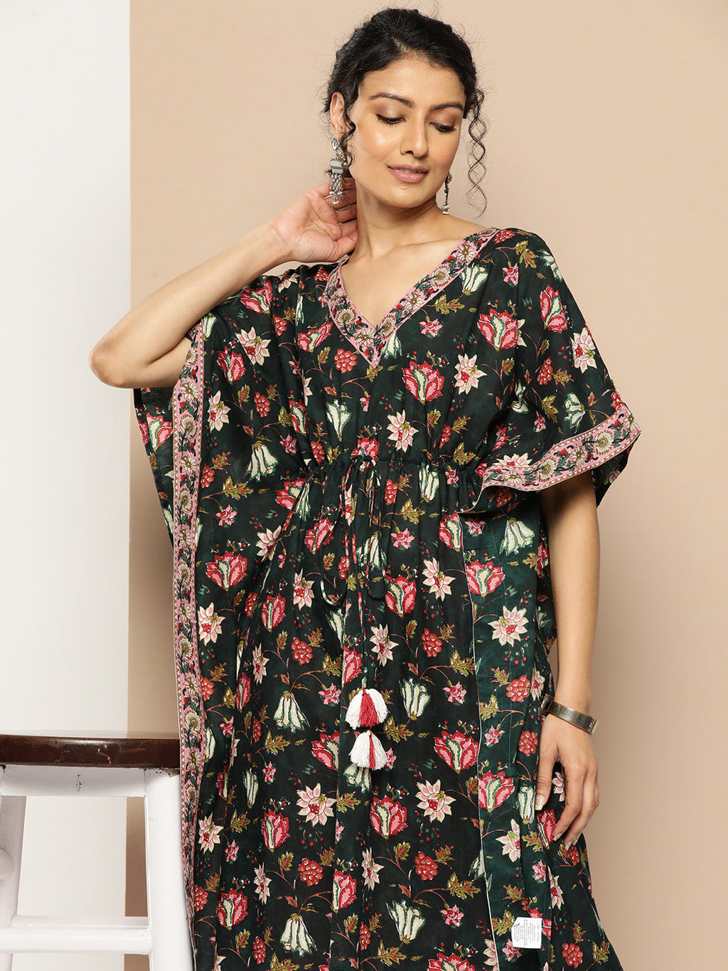 KSUT (House of Varanga) Green And Peach Floral Print Kaftan Trouser Set. | Grocsy
