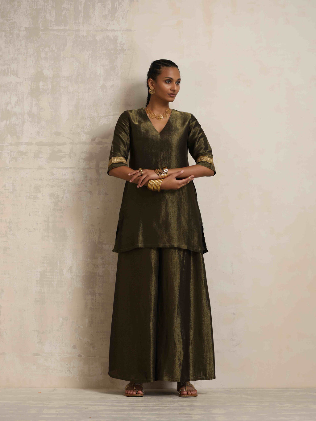 trueBrowns Olive Green Tissue Sharara Set | Grocsy