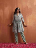 trueBrowns Green Print Flared Kurta Co-ord Set | Grocsy