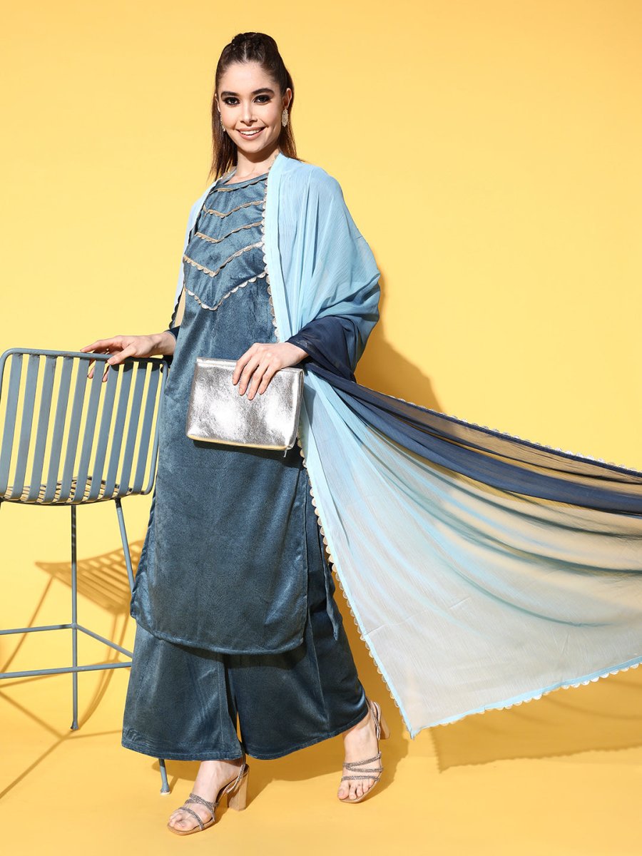 Ahalyaa Women Gotta Patti Velvet Kurta with Palazzos & With Dupatta | Grocsy
