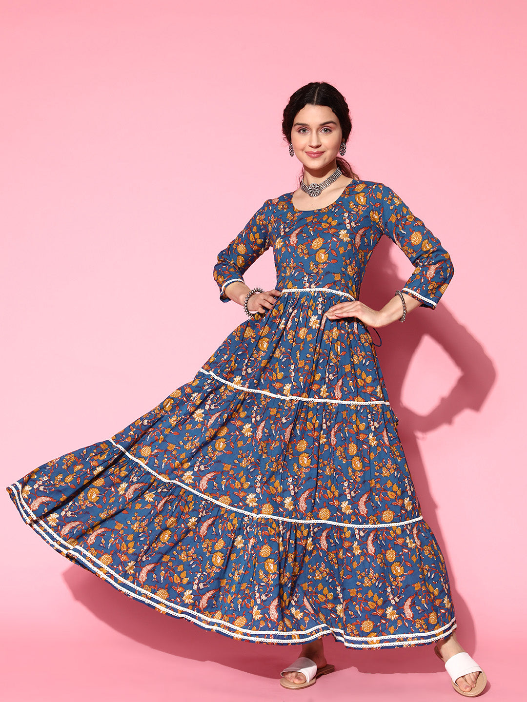 InWeave Women's Blue Floral Print Dress With Lace | Grocsy