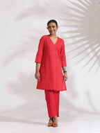 trueBrowns Red Cotton Print Kurta Co-ord Set | Grocsy