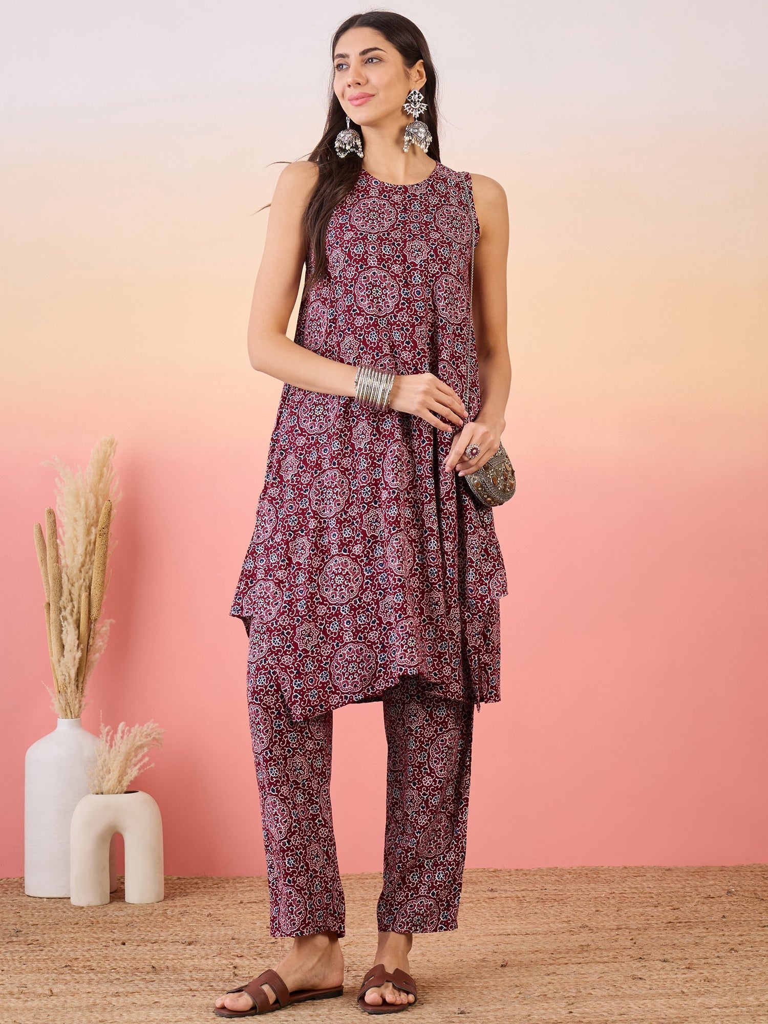 InWeave Maroon Navy Ajrakh Foil Round Neck Kurta Pant Set | Grocsy