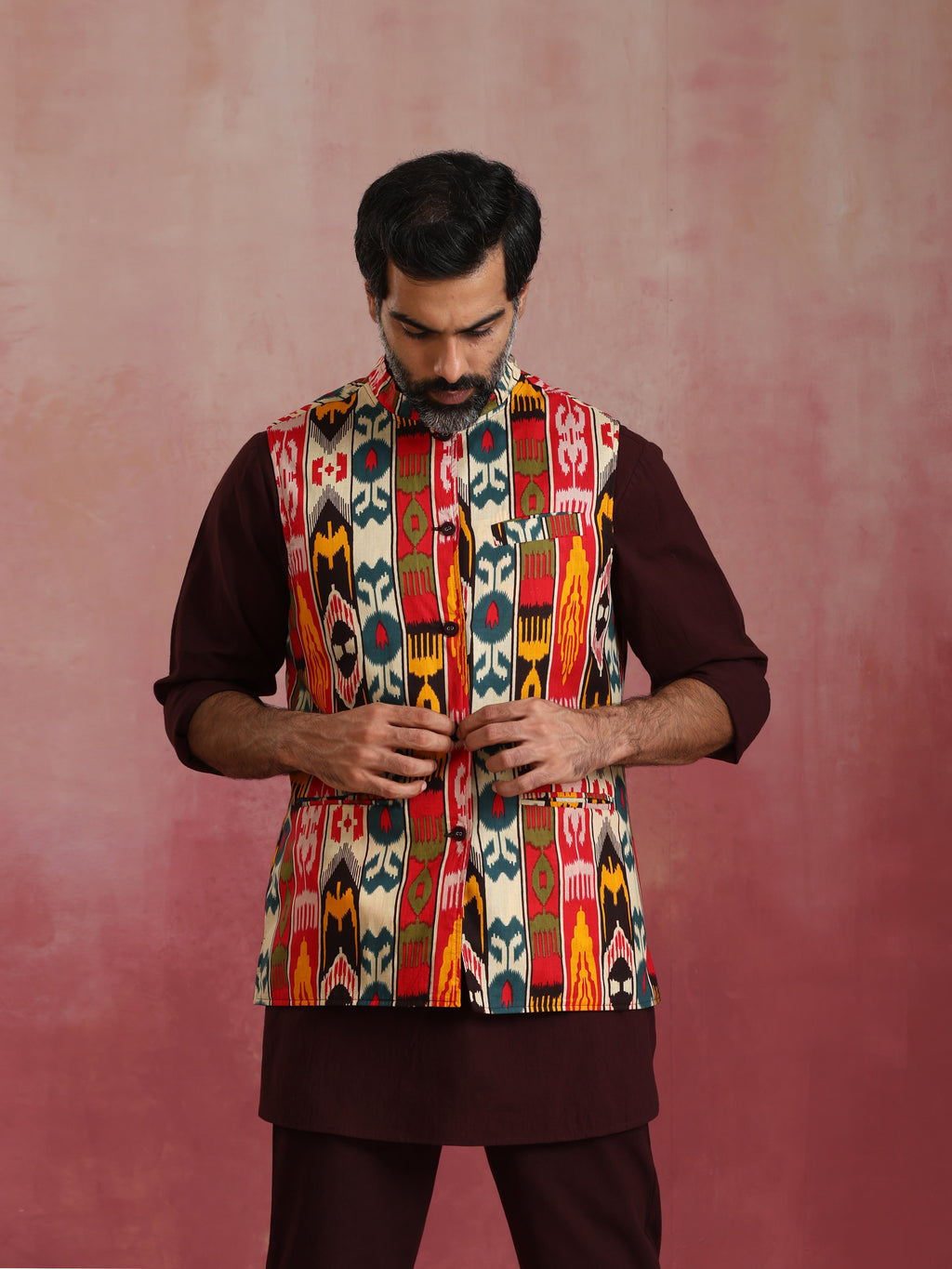 trueBrowns Men's Cola Ikat Print Cotton Reversible Nehru Jacket | Grocsy