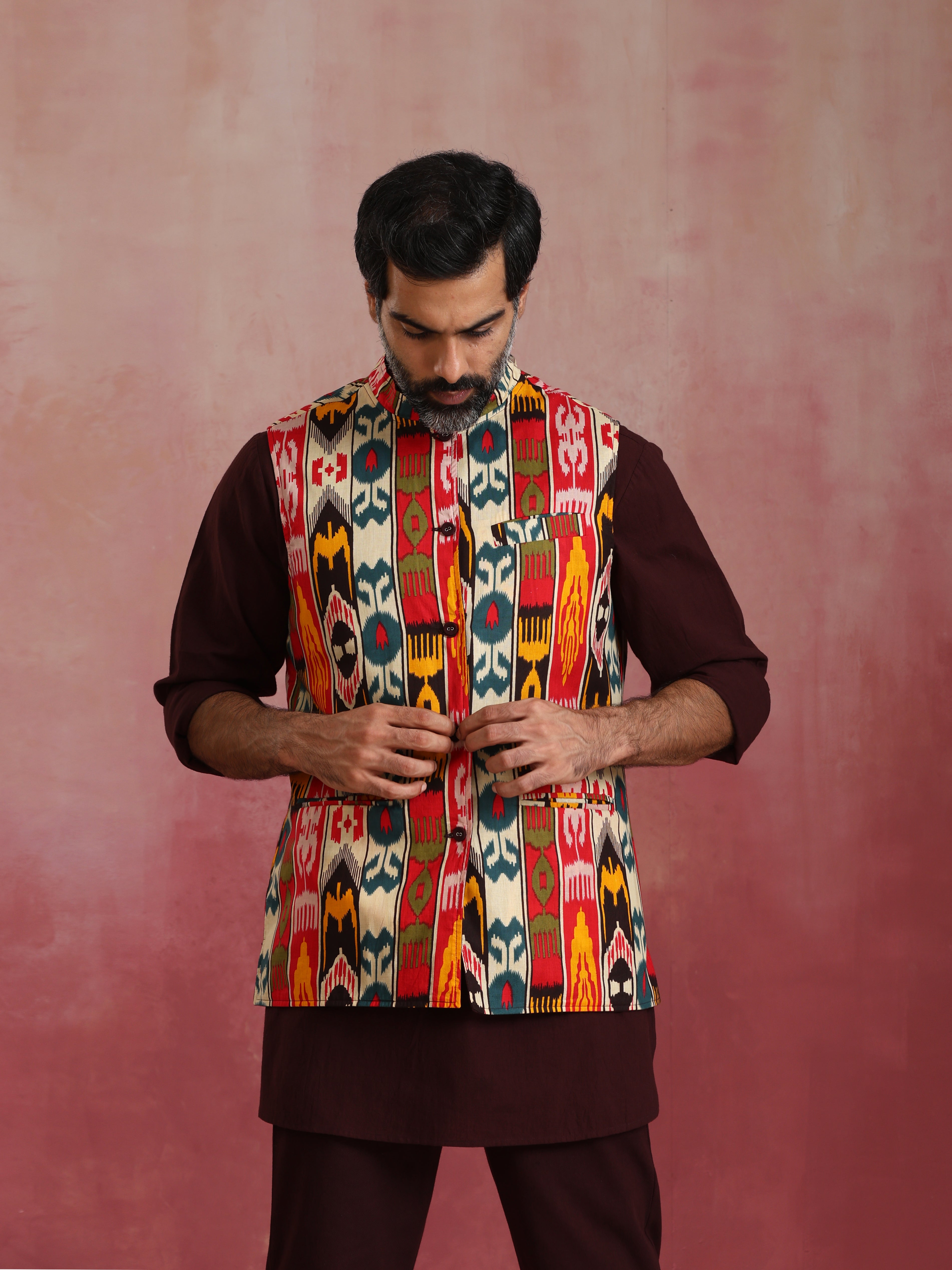 trueBrowns Men's Cola Ikat Print Cotton Reversible Nehru Jacket | Grocsy