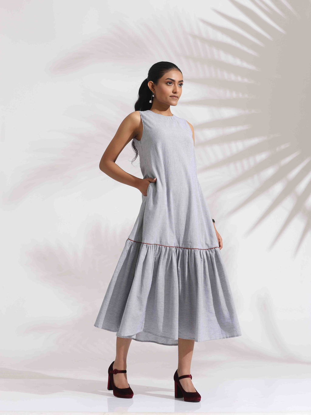 trueBrowns trueBrown Grey Cotton Stripe Tier Dress | Grocsy
