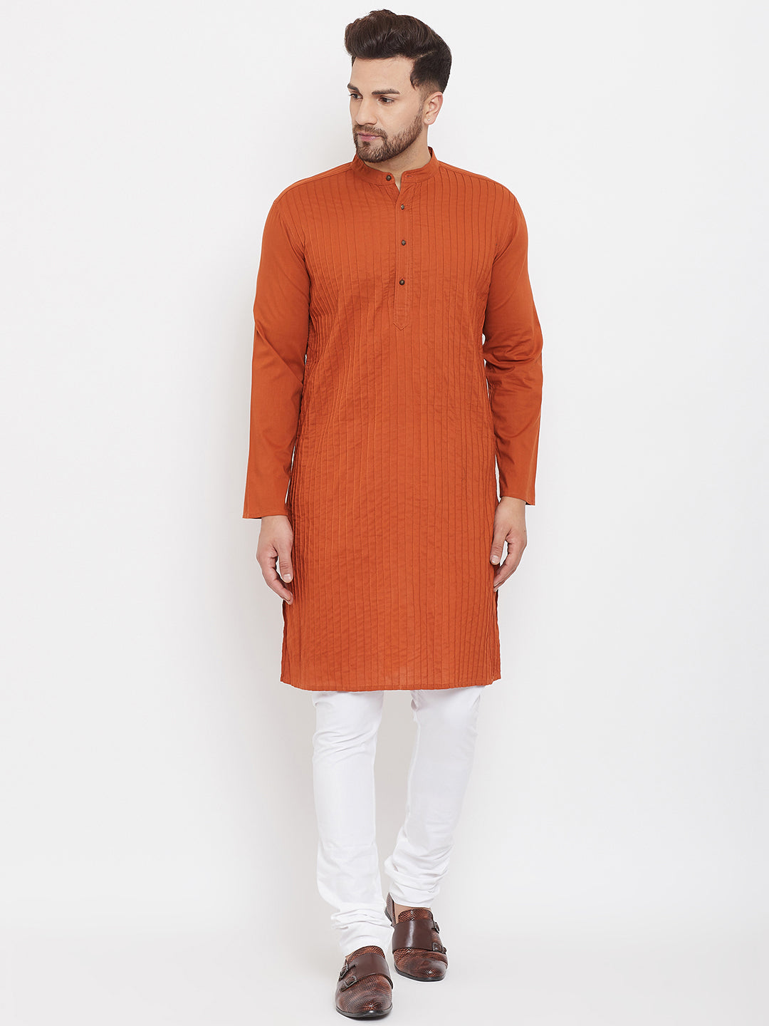 Even Apparels Rust Pure Cotton Kurta With Band Collar | Grocsy