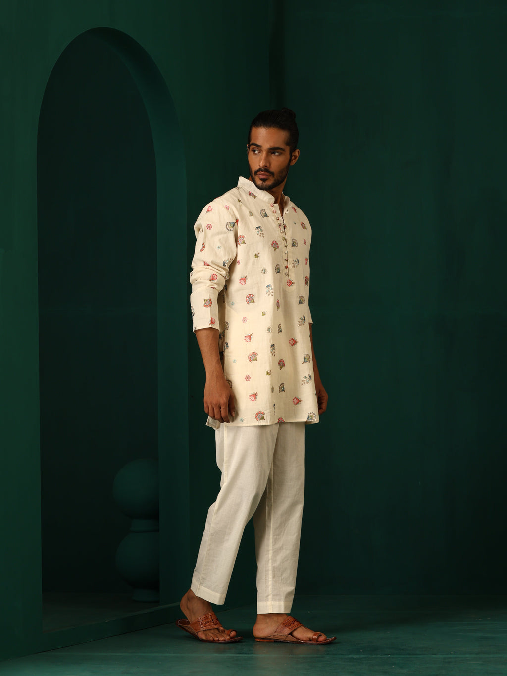 trueBrowns Men's Ivory Multi color Floral Cotton Co-ord Set | Grocsy