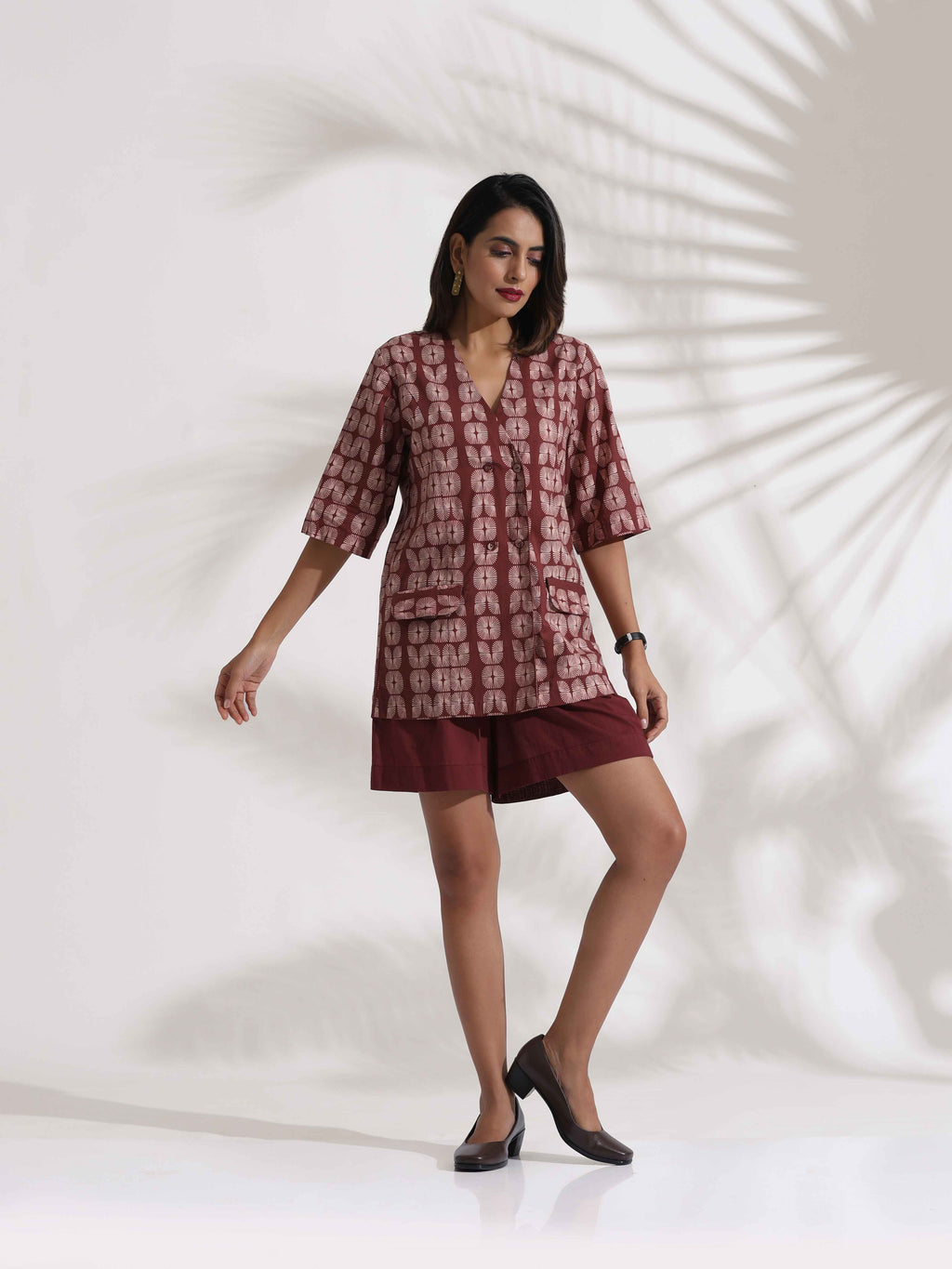 trueBrowns Brown Cotton Print Jacket Top & Short Co-ord Set | Grocsy
