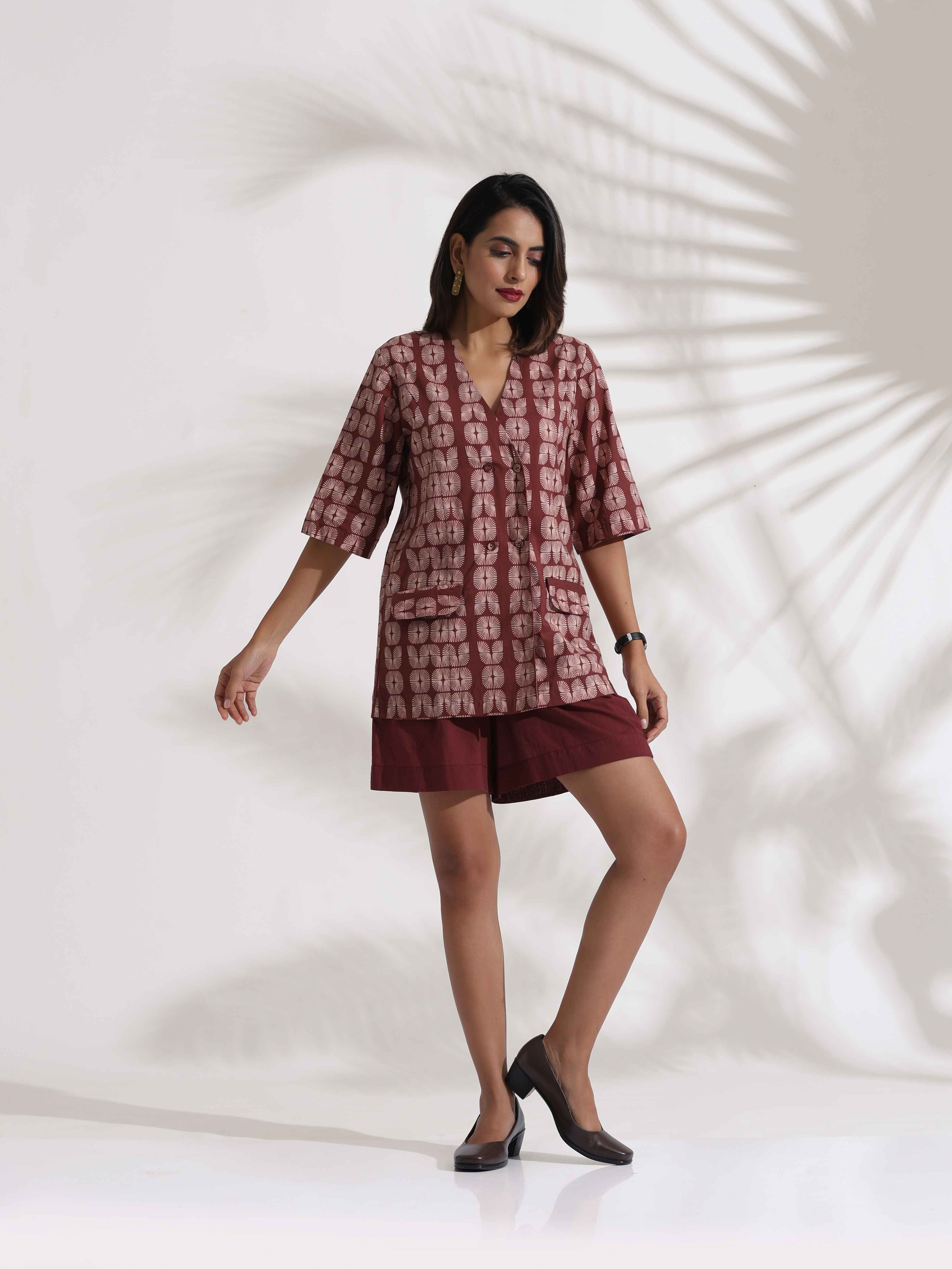 trueBrowns Brown Cotton Print Jacket Top & Short Co-ord Set | Grocsy