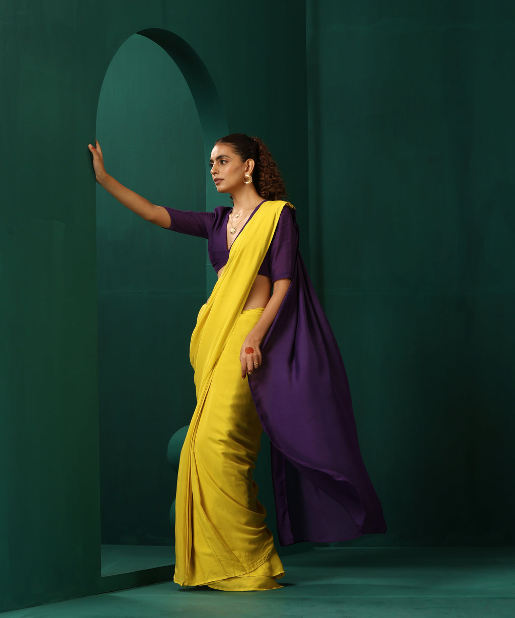 trueBrowns Yellow Purple Muslin Silk Ready to Wear Saree | Grocsy