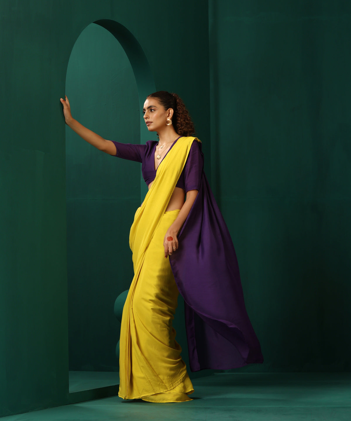 trueBrowns Yellow Purple Muslin Silk Ready to Wear Saree | Grocsy