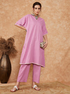 InWeave Women's Mauve Kantha Lace Wrok Kimono Sleeve Kurta Set | Grocsy