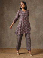 trueBrowns Grey Pink Floral Printed Silk Co-Ord Set | Grocsy