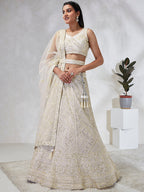 House of Panchhi Cream Net Cutdana, Sequins And Zarkan Embroidery Lehenga Choli & Dupatta | Grocsy