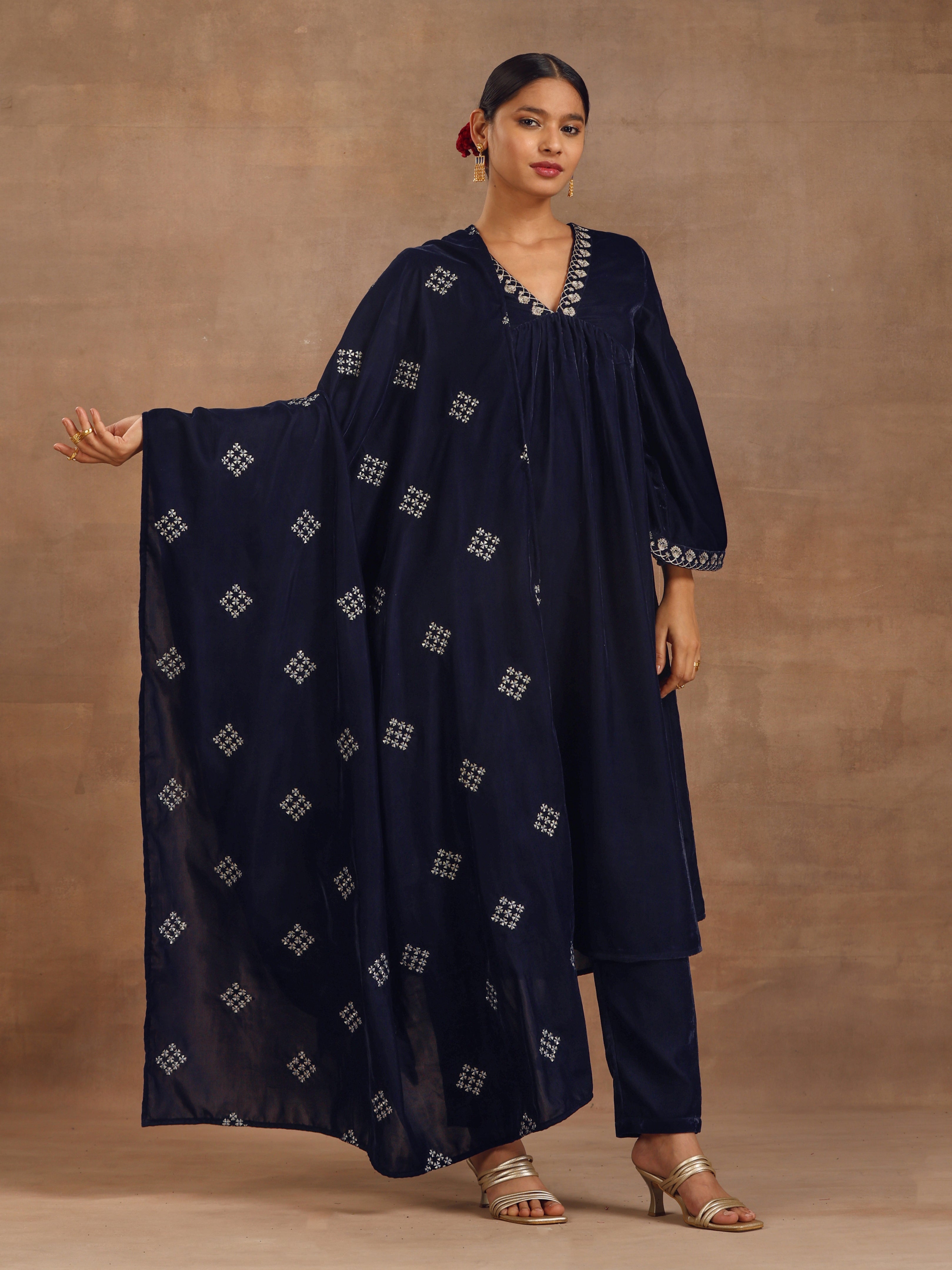 trueBrowns Midnight Blue Velvet Embroidered Shawl | Grocsy