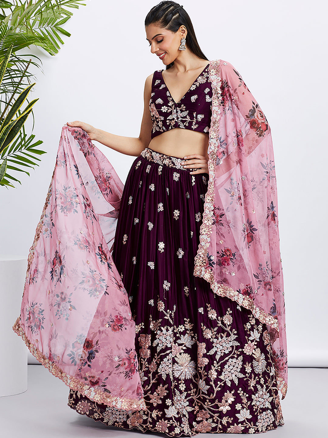 House of Panchhi Purple Pure Georgette Sequins And Thread Embroidery Lehenga Choli & Dupatta | Grocsy