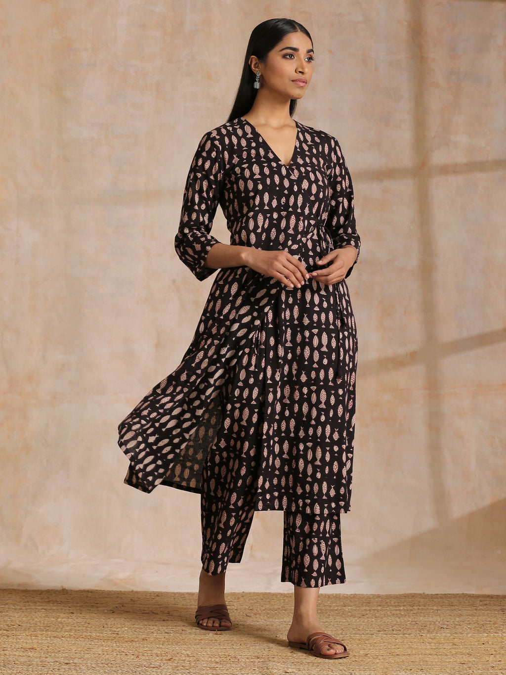 trueBrowns Black Fish Bagru Print Cotton Angrakha Pant Set | Grocsy