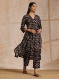 trueBrowns Black Fish Bagru Print Cotton Angrakha Pant Set | Grocsy