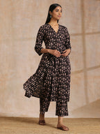 trueBrowns Black Fish Bagru Print Cotton Angrakha Pant Set | Grocsy