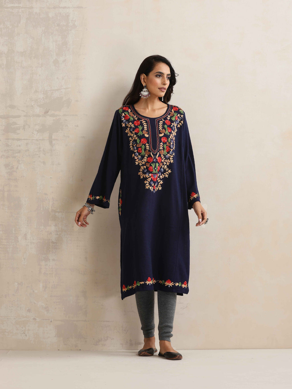 trueBrowns Blue Kashmiri Embroidered Woollen Phiran Kurta | Grocsy