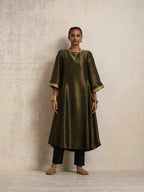 trueBrowns Olive Green Tissue Flared Anarkali Kurta Set | Grocsy