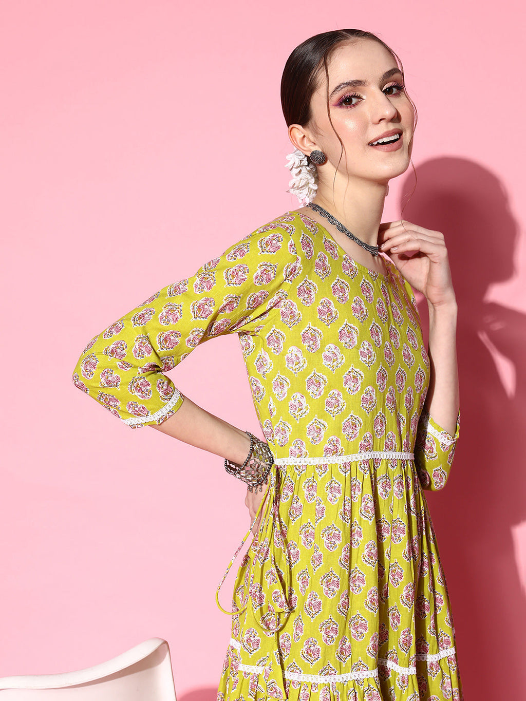 InWeave Women's Yellow Floral Print Tiered Dress With Lace | Grocsy