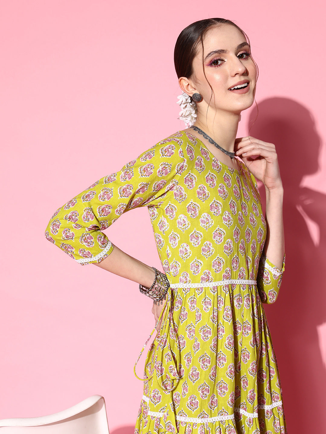InWeave Women's Yellow Floral Print Tiered Dress With Lace | Grocsy
