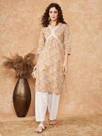 InWeave Women's Multi Floral Painted Alia Lace Work Straight Kurta | Grocsy