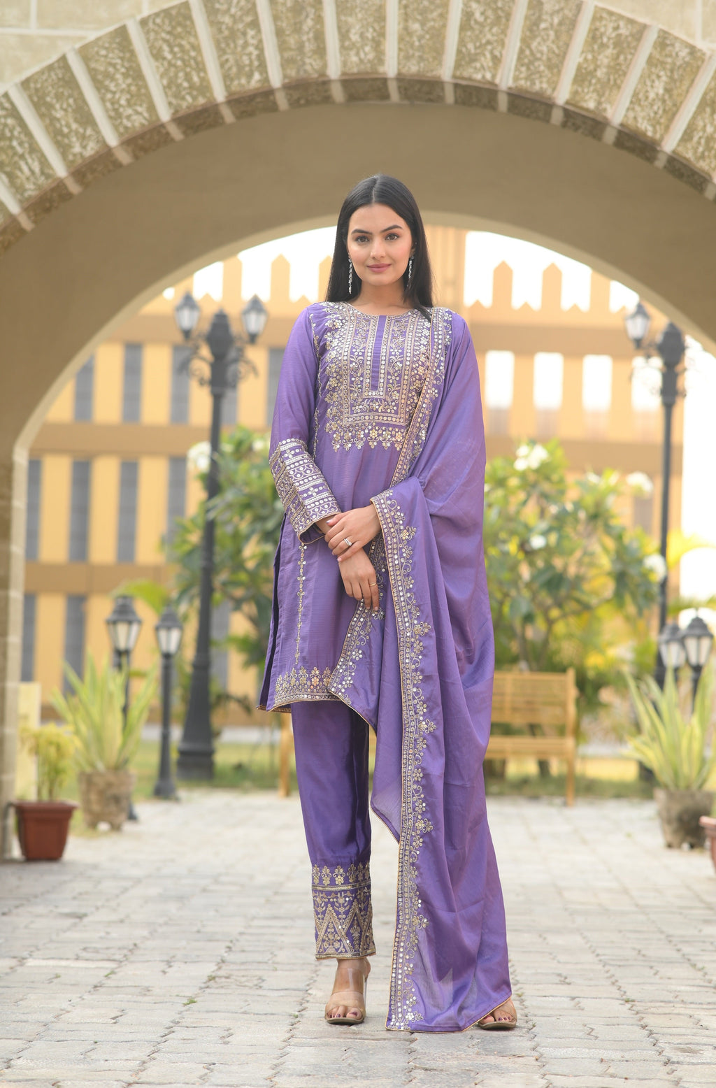 Teeya Creation Lavender Color Chinon Silk Heavy Embroidery Work Fully Stitched Salwar Suit | Grocsy