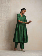 trueBrowns Dark Green Silk Arkali Flared Kurta Set | Grocsy